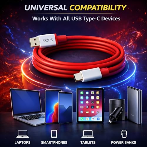 Image of 120W Ultra Fast Charging USB A to Type C Cable, 10A High Speed Charging & Data Sync Cable, Premium TPE USB C Charger Cable, Reinforced Connectors, 1 Meter, Compatible with USB Type-C Smart, Red