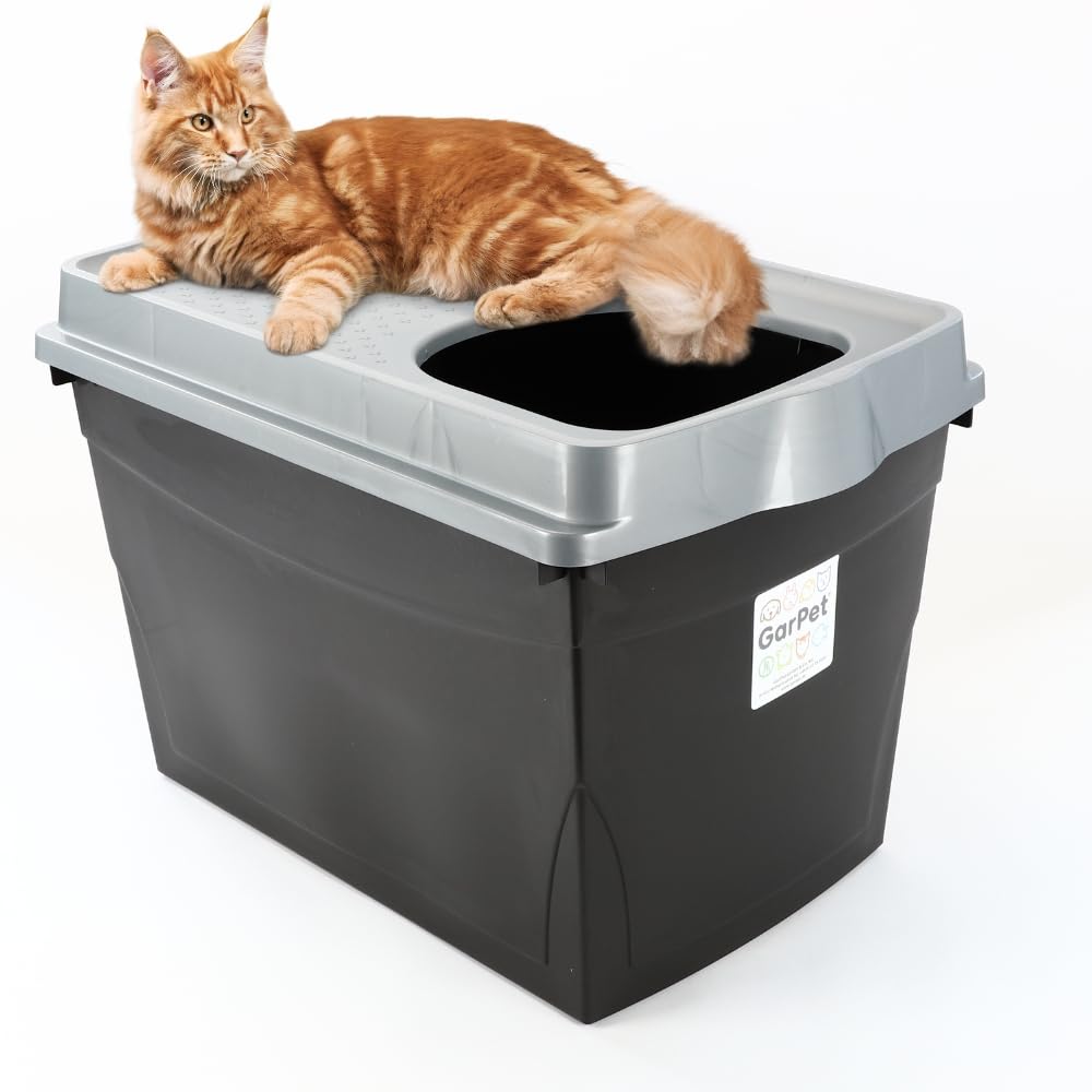 Hop In Katzenklo XXL Katzentoilette Geschlossen mit Deckel Katze Klo Top Entry Katzen WC Jump-In Katzentoiletten Einstieg Oben für große Katzen Haubentoilette Schwarz