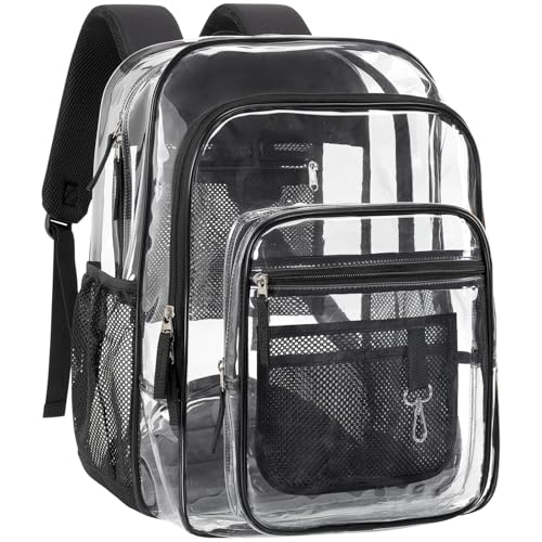 PACKISM Clear Backpacks for School - 18 Inch Extra Large Heavy Duty Clear Bookbag for Boys, See Through PVC Transparent School Backpack with 2 Front Pockets for Students, Black (Age 12+)
