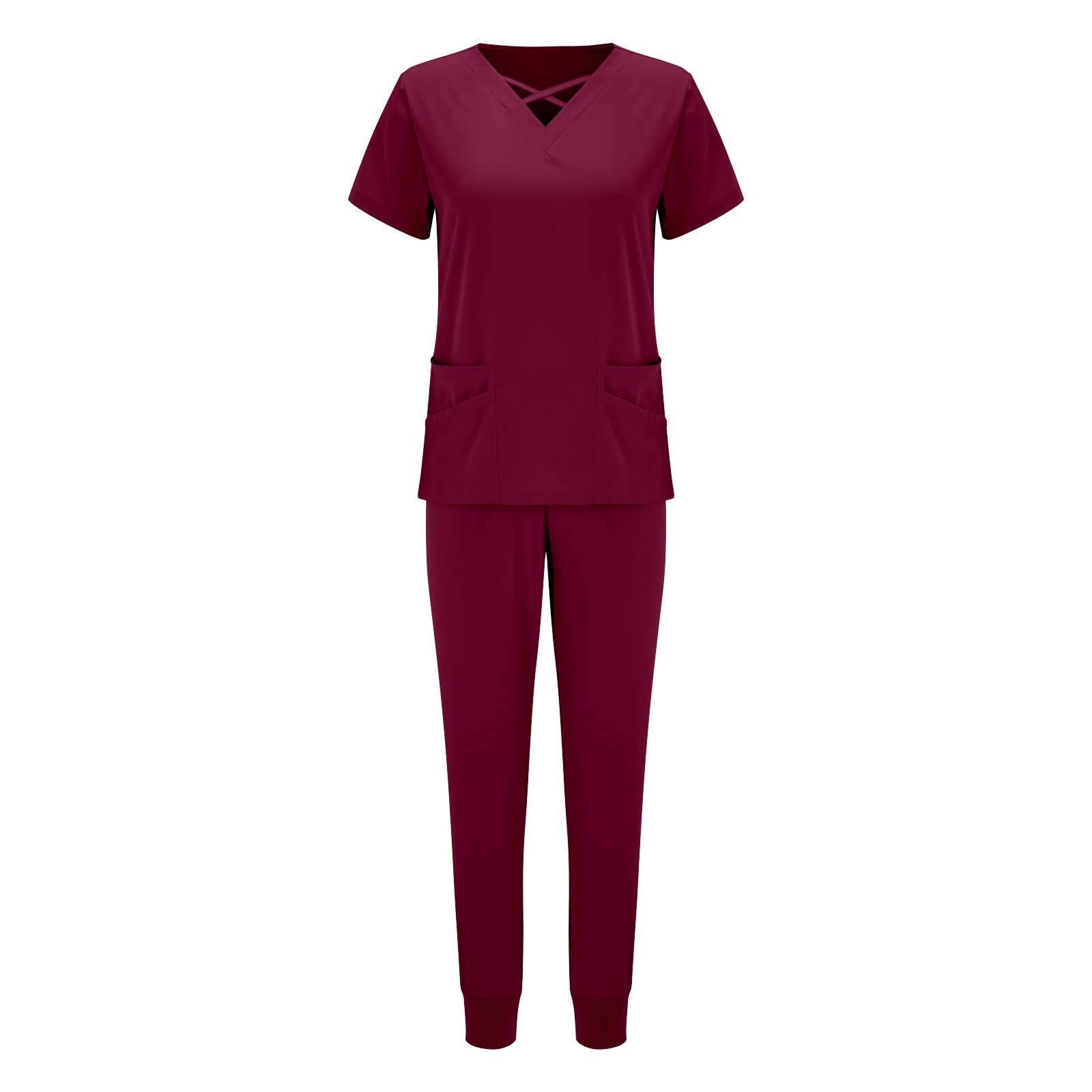 GenericScrub Sets for Woman Stretchy Two Piece v Neck Short Sleeve Scrubs Tops and Jogger Pants Solid Color Nurse Working Uniform Womens Scrubs Set