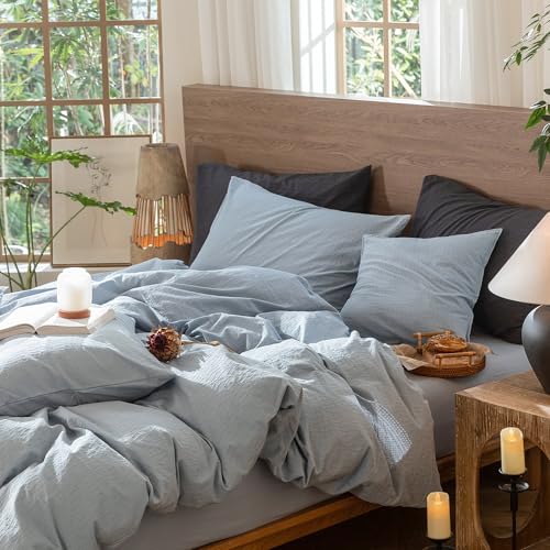 Image of MooMee Wavy Striped Duvet Cover Set 100% Washed Cotton Linen Like Textured Breathable Durable Soft Comfy (Cornflower Blue, King 104 inchx90 inch)