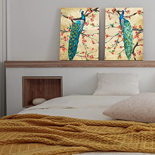 Retro Blue Peacocks Standing On Peach Blossom Tree Canvas Art Painting Elegant Animal For Home Office Wall Decor 2 Panels (12X16Inch, Framed) #TOP27