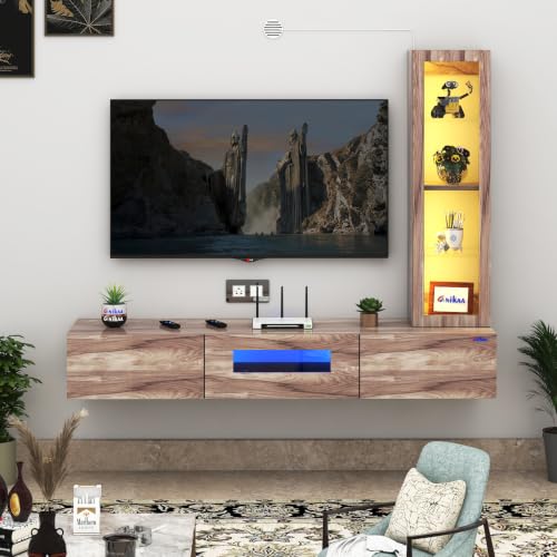 Image of Anikaa Lucen Ultra Modern Wall-Mounted TV Unit with Storage Cabinet and Light |3 Flip-Down Storage Doors Acrylic Shelves & Engineered Wood Construction | Fits Up to 55 Inch TV | Coachwood Finish | DIY