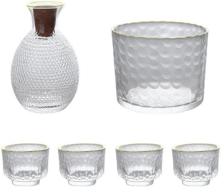 Glass Sake Set of 6 Pieces,270Ml Sake Bottle and 4 Sake Cups 1 Sake Tank,Cold/Warm/Hot Sake Carafe Home Decor Crafts (A1)