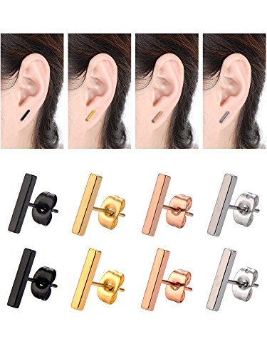 Mudder 4 Pairs Stud Earrings Stainless Steel Line Stick Stud Earring Rectangle Bar Stud For Men And Women, 4 Colors #TOP3