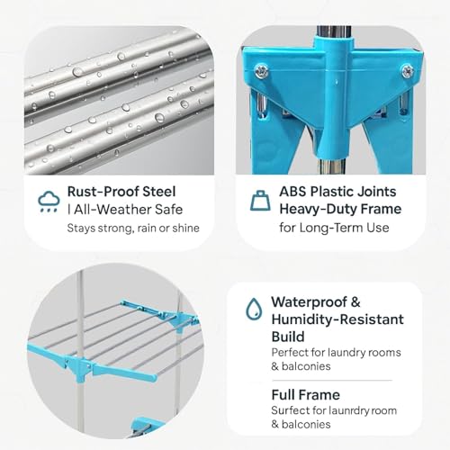 Image of H Houseware Single Pole Stainless Steel 3 Tier Cloth Drying Stand with Wheels | Foldable Clothes Dryer & Laundry Rack | Rustproof & Portable | 43.2D x 78.7W x 165H cm(Blue)