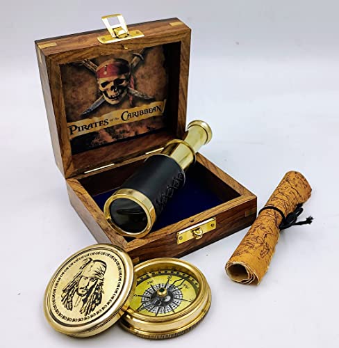 Brújula de latón con telescopio plegable en caja de madera miniatura 1
