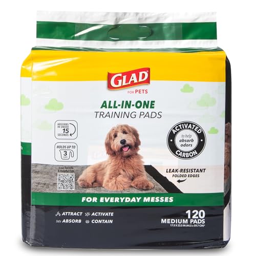 Glad for Pets Black Charcoal Puppy Pads - Super Absorbent Disposable Dog Pee Pads, Potty Training Pads, and Pet Supplies - Grey Dog Pee Pads for Crate Training and Indoor Use 44.5 cm x 59.7 cm - 120