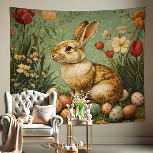 Frühlingsblumen-Hasen-Wandteppich, Pastellfarben, Oster-Wandbehang, niedliche Hasen-Dekoration für Wohnzimmer, Schlafzimmer, Wohnheim, Heimdekoration, 203 x 152 cm