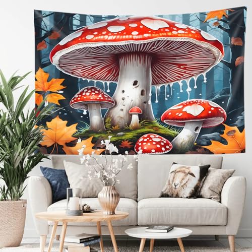Deerspok Red Mushroom Tapestry Forest Maple Tree Tapestry, Bedroom Decoration Deep Forest Fallen Leaves Hanging Cloth Suitable For Warehouse Farmhouse Attic 50 * 60 In… thumb #1