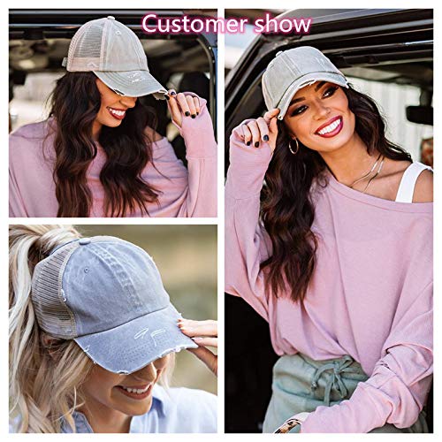 Promindfun Womens Ponytail High Messy Bun Hats Distressed Baseball Caps Unconstructed Washed Dad Hat Girls Trucker Ponycaps (02-Light Gray) #TOP1