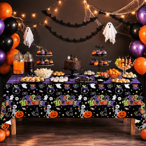 Image of 2 Pack Halloween Tablecloth, 54 x 108 Inch Disposable Plastic Table Cover, Purple Halloween Party Decorations for Halloween Decor Party Supplies