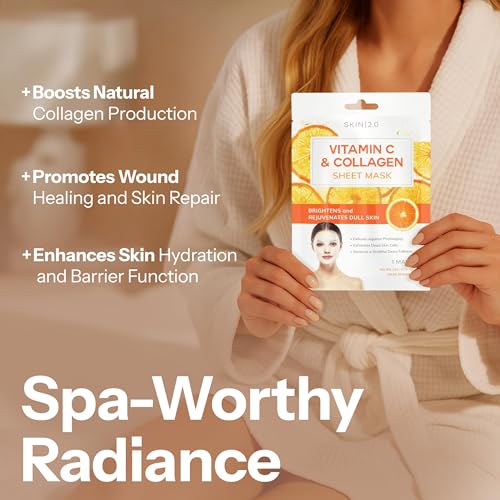 Image of Skin 2.0 Vitamin C & Collagen Sheet Mask - Anti-Aging, Wrinkle & Age Spot Reducer, Hydrating & Moisturizing - Dermatologist Tested Korean Skincare, Clean Beauty, All Skin Types - 10 Count