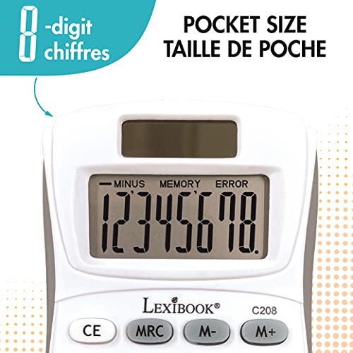 Lexibook - 8-stelliger Taschenrechner - Grund- und Speicherfunktion - Weiche Silikonschlüssel für Büro, Schule, Zuhause - Solar & Batterien - Weiß/Grau - C208