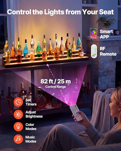 Image of VEVOR LED Lighted Liquor Bottle Display, 3 Tiers 60 inches, Acrylic Illuminated Home Bar Shelf Display with RF Remote & App Control, DIY Setup with Type-C Cables, 9 Static Colors, for 45-60 Bottles