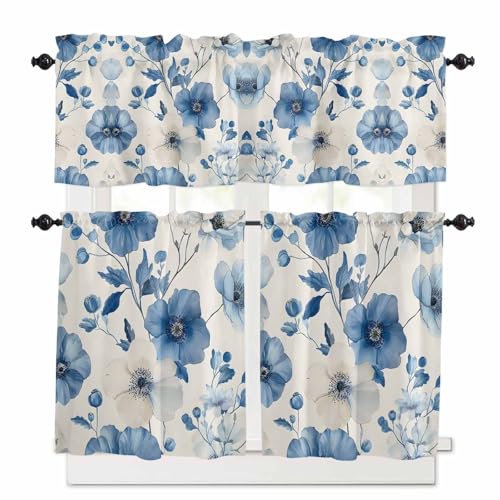 Blue Flower Kitchen Curtains 36 Inch Length,3 Piece Rod Pocket Small Half Tiers and Valance Set,Botanical Country Nature Aesthetics Floral Small Large Window Treatment Decor for Bedroom/Bathroom Sink