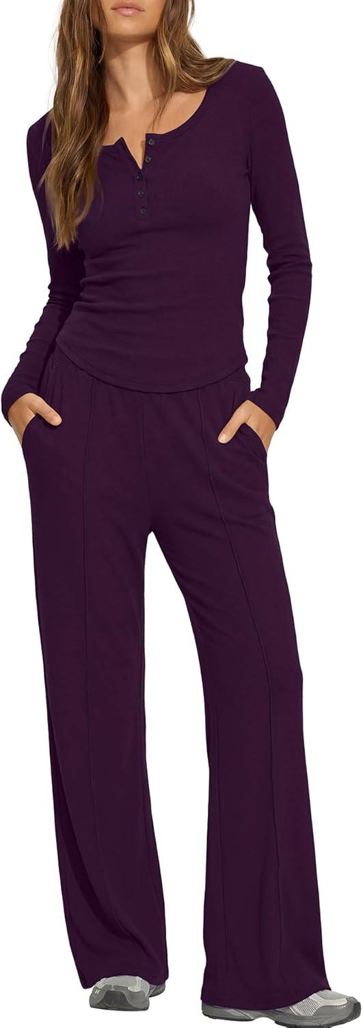 Darong Womens 2 Piece Matching Lounge Sets 2026 Long Sleeve Henley Shirts Wide Leg Pants Airport Travel Outfits