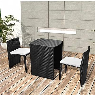 NKOPPFG 3 Piece Black Poly Rattan Outdoor Dining Set with Cushions for Patio Balcony Garden, Steel Frame PE Rattan Table and 2 Chairs, Space-Saving