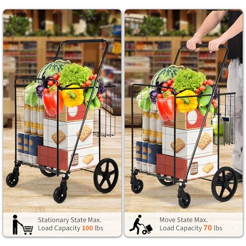 Large Folding Shopping Cart with Wheels, Rolling Foldable Grocery Cart with Double Basket, Portable Collapsible Utility Cart for Laundry, Luggage Camping, Locking Latch