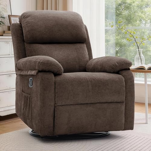 Image of Korser Recliner Chair, 360 Swivel Rocker Chair for Adults, Small Rocking Recliner Chair for Small Spaces, Upholstered Chenille Fabric Glider Recliner Nursery Chair with Side Pockets for Living Room