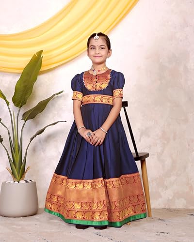 Image of Girls Silk Pattu Gown for Kids Traditional South Indian Long Ethnic Dress | Baby Girl Festival Pavadai Sattai Style Party Wedding Birthday Special Occasion Outfit