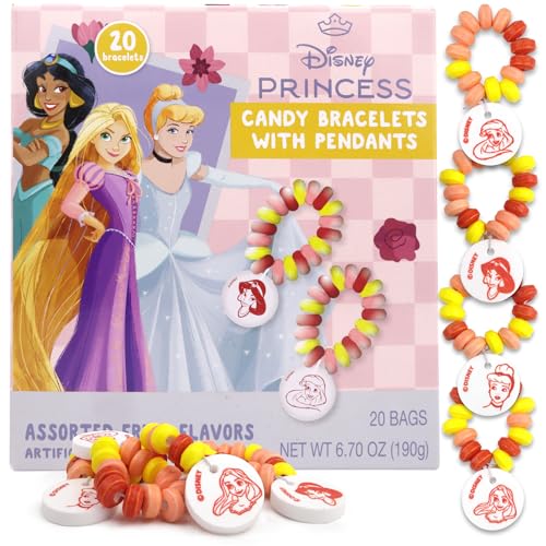 Disney Princess Candy Bracelets, Edible Jewelry with Character Charms, Individually Wrapped Party Favors, 20 Pieces Inside