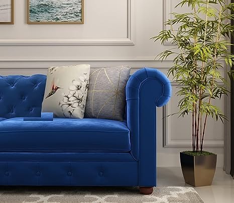 Image of Solid Wood Velvet Fabric L Shape Sofa Sofa for Living Room Button Tufted Sofa Chair for Home & Office (Left Aligned L-Shaped (3 Seater Blue)