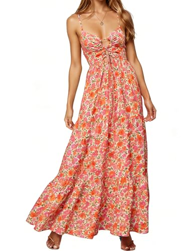 Image of Womens Summer Floral Spaghetti Strap Backless Low Cut Smocked Milkmaid Flowy Beach Sundresses
