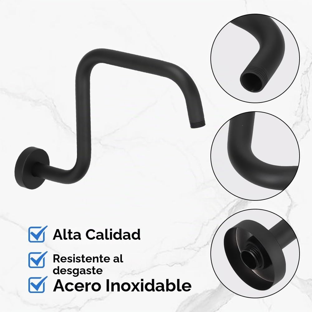 Jenngaoo Brazo de Extensión de Ducha en Forma S, 13 Pulgadas, Acero Inoxidable con Acabado Negro, Brazo para Cabezal de Ducha, Montaje en Pared para Baño Doméstico