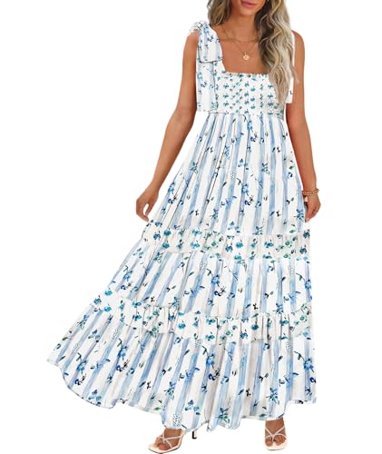 Image of CURBODO Women's Summer Maxi Dress Boho Spaghetti Straps Casual Long A-line Smocked Beach Dress Square Neck Flowy Sun Dress