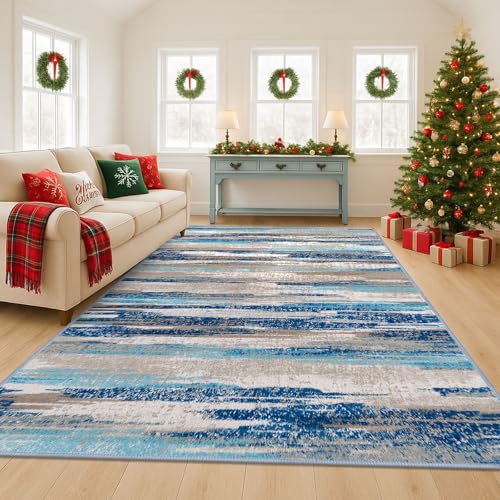 Lansny Modern Abstract 8x10 Large Machine Washable Living Room Rug Non-Slip Soft Bedroom Area Rug Blue Ultra Thin Print Faux Wool Carpet Throw Rugs for Nursery Playroom Dining Room Indoor Office
