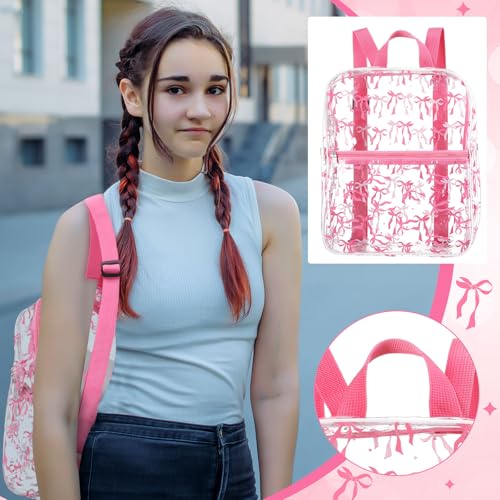 Image of Aliceset Coquette Pink Bow Backpack Stadium Approved 12x6x12 Small Water Proof Pink Clear Backpack for Back to School Women Stadium Events Concert Work Sport Event Travel