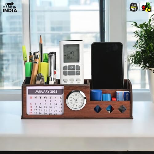 Image of GKD Desk Organizer with Wooden Diary, Bamboo Pen & Bottle, 2026 Calendar, Clock, and 4 Compartments - Elegant Wooden corporate Gift Table Organizer for Office and Home Use (Combo 2)