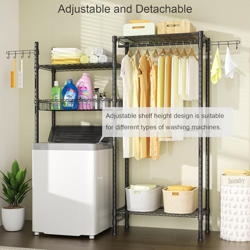 Ulif Clothes Drying Rack, Over Washer and Dryer Laundry Room Bathroom Towel Storage Shelf, Space Saver with Adjustable Shelves, Wire Basket, and Rotatable Hooks, 63.4\"L x 13.4\"D x 76.7\"H, Black - Thumbnail 4