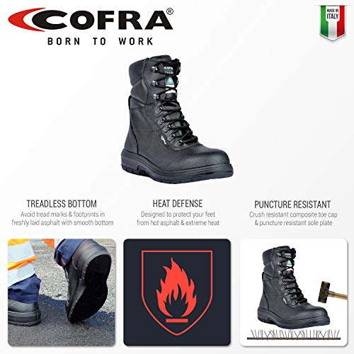 COFRA Leather Work Boots - US ROAD Treadless Asphalt Footwear with Composite Safety Toe & Heat Defender Nitrile Rubber Outsole - Size 10.52