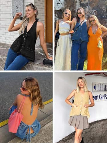 Image of Tankaneo Womens Halter Denim Vest Tops Summer Sleeveless Open Back Y2K Going Out Jean Tank Tops V Neck Button Up Waistcoat