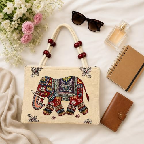 Image of Elephant Print Canvas Tote Bag for Women, Ethnic Shoulder Handbag with Multicolor Elephant Design, Dual Handle Everyday Carry Bag for Shopping, Office, College, Travel & Daily Use