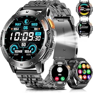 Military Smart Watches for Men with Bluetooth Call, 1.43″ AMOLED Waterproof Smartwatch with Flashlight, 111 Sport Modes, 530mAh Heart Rate/SpO2/Sleep Monitor Fitness Tracker for Android iOS