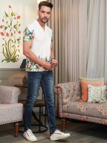 Image of White Tropical Printed Half Sleeve Shirt for Men