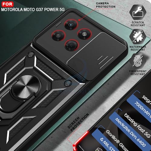 Image of AESTMO Tough Armor Motorola Moto G37 Power 5G Bumper Back Case Cover | Ring Holder & Sliding Camera Shield Cover | 360 Degree Protection Back Case Cover for Motorola Moto G37 Power 5G (Black)