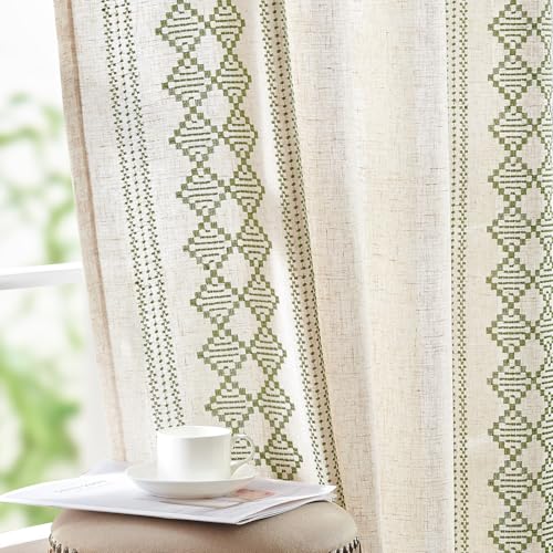 jinchan Boho Curtains Linen Blend Beige Farmhouse Curtains 84 Inches Long for Living Room Sage Green Square Embroidered Bordered Back Tab Bedroom Wind