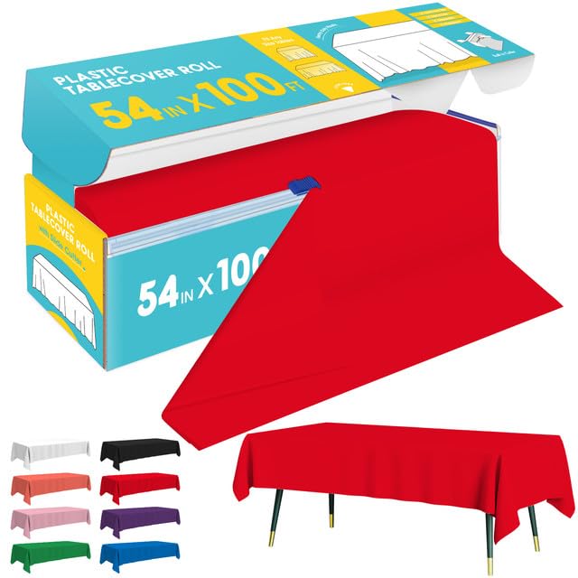 Niuara Red Plastic Table Cover Roll - 54IN x 100FT, Table Cloth for Rectangle Table with Slide Cutter, Plastic Table Cloth Disposable with Cut-to-Size