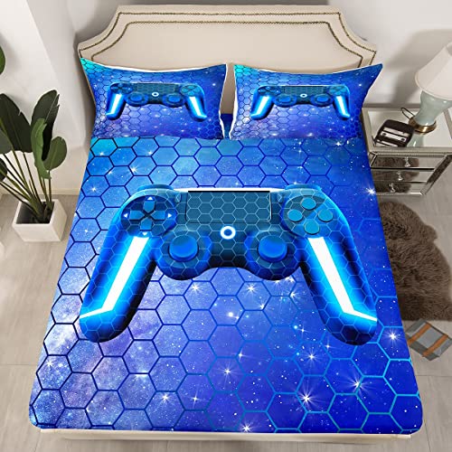 Erosebridal Gaming Fitted Sheets for Boys Full Size Kids Girls Video Games Bedding Modern All Season Machine Washable Bed Set Blue Honeycomb Hexagon Print Bed Sheets Gamer Room Decor Bedding