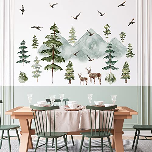 Mountain Wall Decals Large Pine Tree Wall Decals Peel And Stick Forest Tree Woodland Deer Birds Animal Wall Decals Mountain Tree Wall Stickers For Kids Room Nursery Decor #TOP2