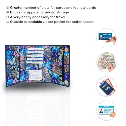 Hand Crafted Nylon Fabric Printed Trifold Wallet Card Holder – Women’s Organizer with Leather Trim4