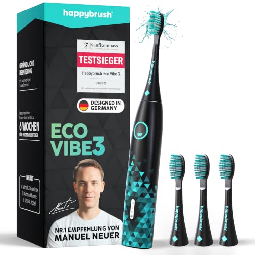 happybrush Schallzahnbürste Eco Vibe 3 TESTSIEGER 100 Tage testen - Elektrische Zahnbürste mit 8 Wochen Akku Ultraschall Zahnbürsten 2 Jahre Garantie - Inkl. Aufsteckbürsten - Black/Mint