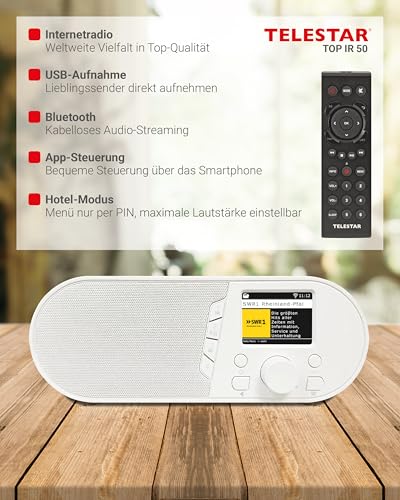 TELESTAR TOP IR 50 – Internetradio (Bluetooth Audio-Streaming, 7 W, USB-Aufnahmefunktion, Stationstasten am Gerät, Hotelmodus, Fernbedienung) – Weiß – Bild 5