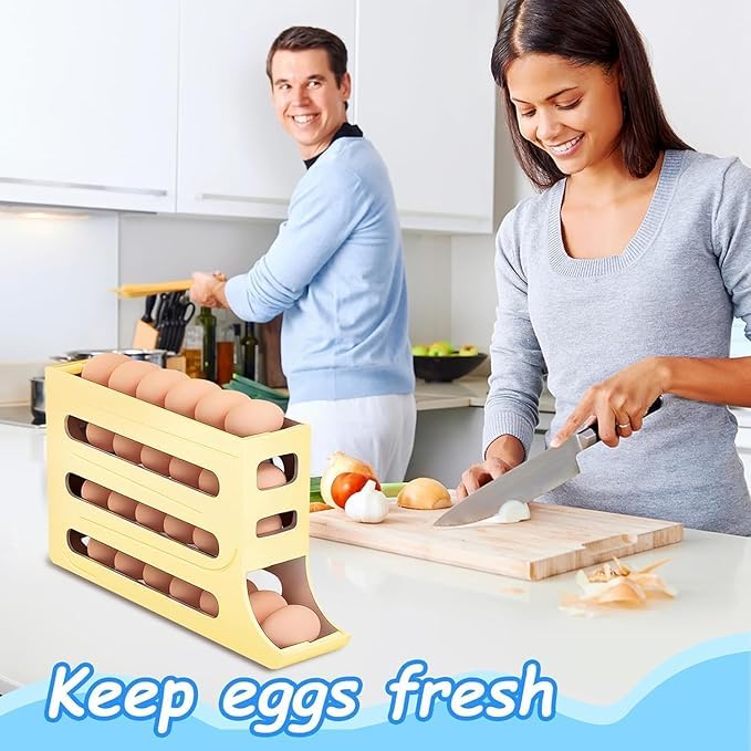 Image of 30 -Egg Holder Organiser With Automatic Rolling Dispenser For Refrigerator| Kitchen| Hotel, With Multi-layer Storage Rack. (Beige)