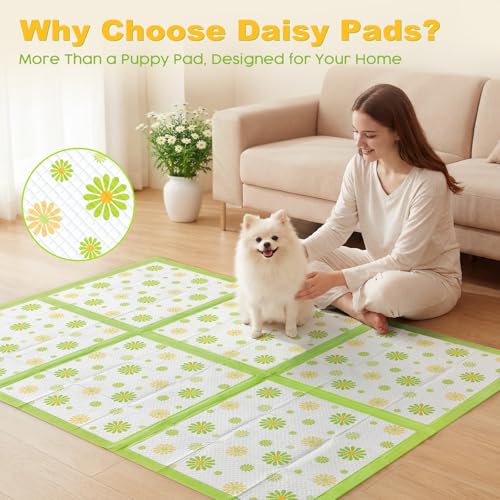 Image of MIZOK Puppy Pads 22 inchx22 inch, Dog Pee Pads 6-Layer Super Absorbent & Leak-Proof, Daisy Pattern, 4-Corner Adhesive Tabs, Wee Wee Pads for Puppies & Small Dog Breeds, Regular Size (30 Counts)