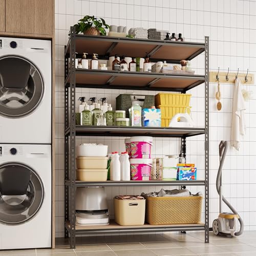 Image of 5-Tier Heavy Duty Adjustable Metal Storage Unit, 72 inch h x 48 inch w x 24 inch d, for Garage, Basement, Warehouse, Pantry, Closet, Kitchen, Black